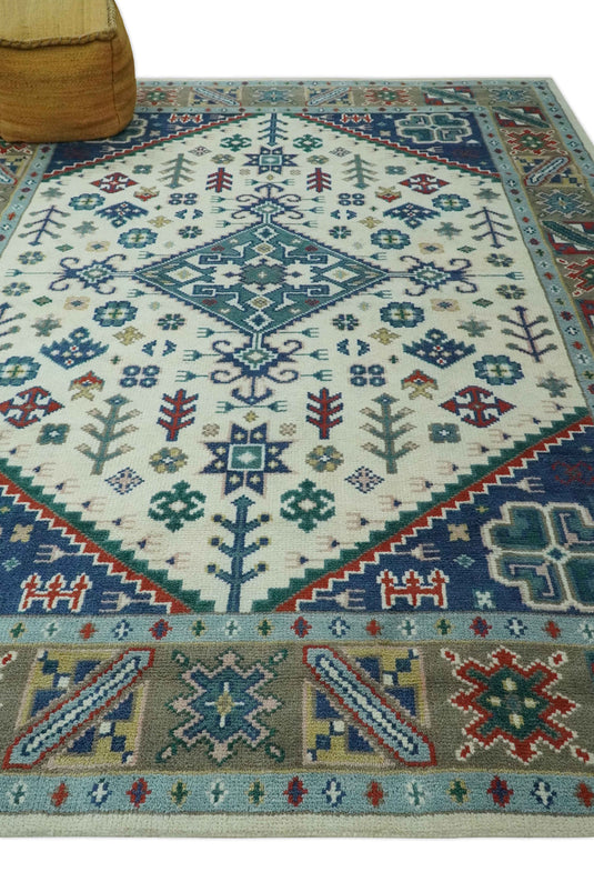 Tribal Pattern Ivory, Blue and Red Hand Knotted 8x10 ft wool Area Rug