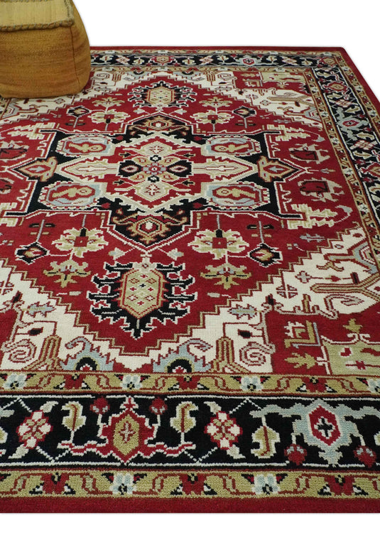 Custom Made Traditional Medallion Pattern Red, Black, Beige and Ivory Hand Knotted wool Area Rug