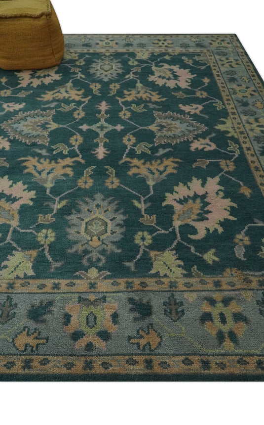 Custom Made Traditional Floral Teal, Light Peach And Gray Hand Knotted Wool Area Rug