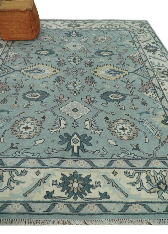 Oriental 8x10 Hand Knotted Blue And Ivory tradtional Antique Oushak Wool Area Rug