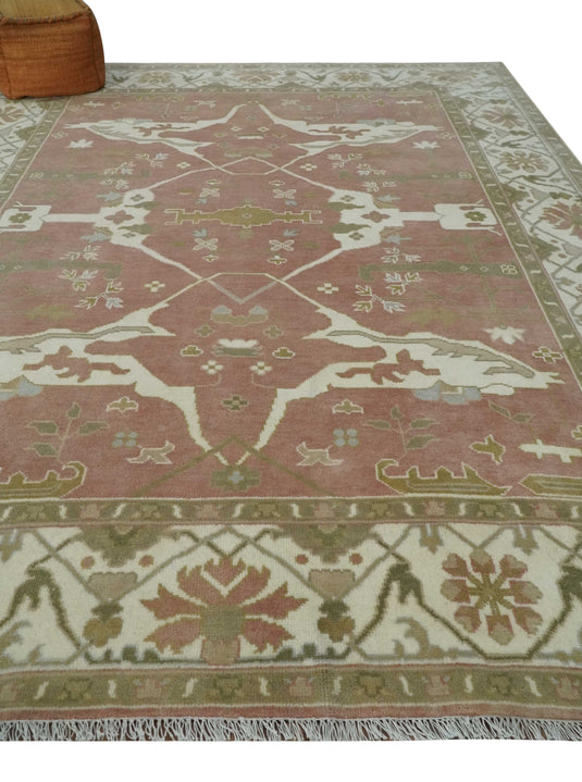 Vintage look Hand knotted Peach, Ivory and Olive 8x10 and 9x12 Oriental Oushak wool Area Rug