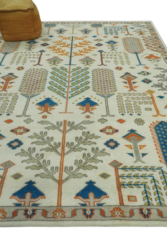 Tree Of Life Traditional Floral Ivory, Gray, Orange and Blue Hand Knotted 8x10 ft wool Area Rug