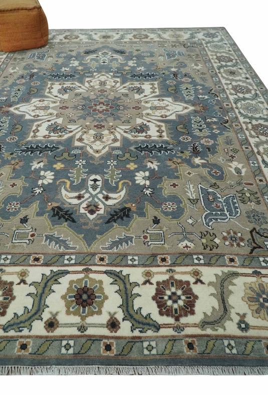 Vintage look Ivory, Charcoal and Olive Hand knotted Traditional 9x12 Heriz Serapi wool Area Rug