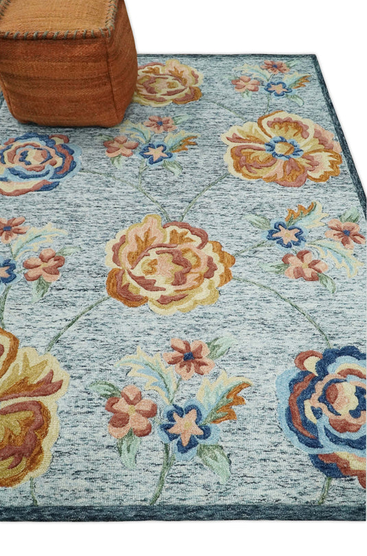 Custom Made Floral Gray, Blue, Peach, Gold  And Green Hand Tufted Wool Area Rug