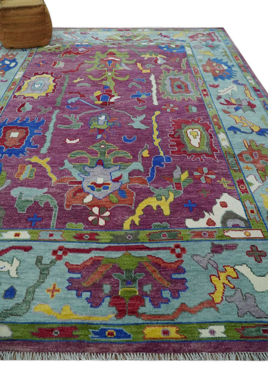 Hand Knotted Vibrant Colorful Oriental Oushak Rug Purple and Blue Multi Size Ideal for Living, Bedroom, and Dining Room