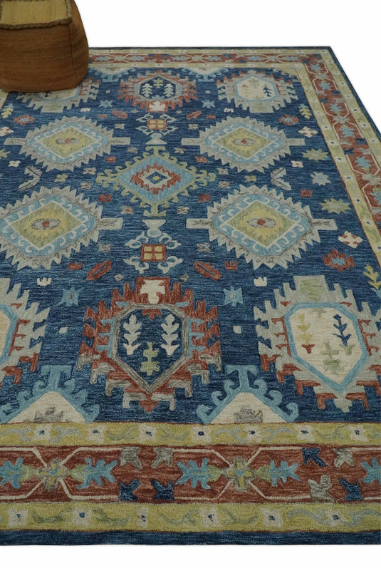 Custom Made Traditional Turkish Silver, Blue, Brown And Olive Hand Tufted Wool Area Rug