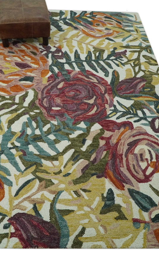 Vibrant Floral Pattern Rust, Orange, Green and Olive Hand Tufted Wool Rug 5x7 ft Ideal for Living, Bedroom And Dining Rooms