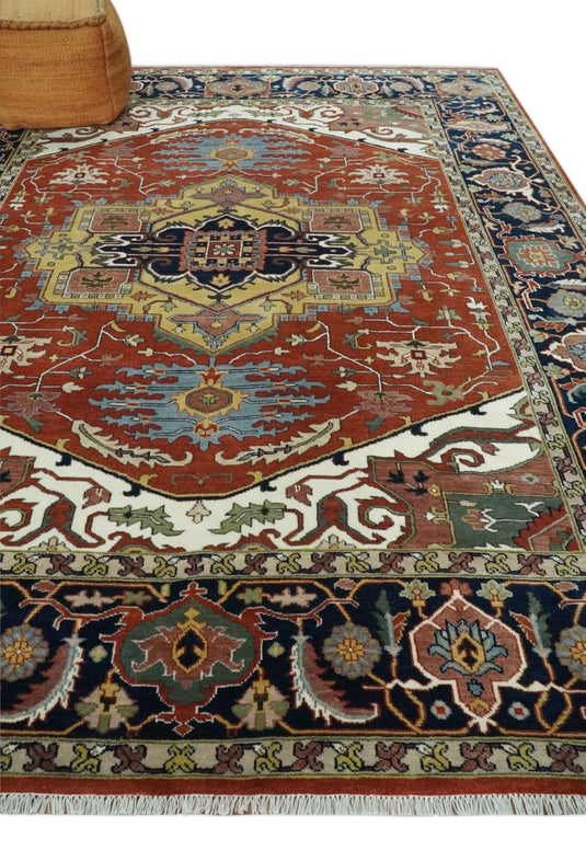 Traditional Premium look Heriz Serapi Hand knotted Blue, Rust and Ivory 8x10 ft Bedroom, Living Room Rug ,wool Area Rug