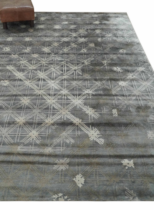 Modern Geometrical Hand knotted Gray, Charcoal and Beige 6x9 ft Bedroom, Living Room Rug Viscose Area Rug