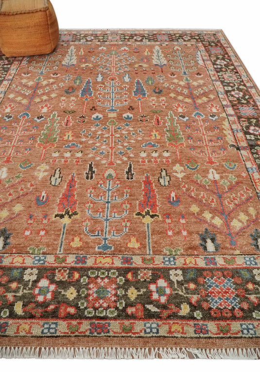 Custom Made Tree Of Life Traditional Brown And Peach Hand Knotted Oushak Wool Area Rug