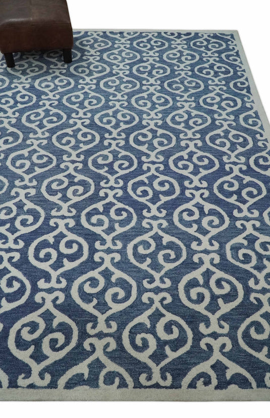 Custom Made Blue and Ivory Trellis Pattern Hand Tufted  Wool Area Rug