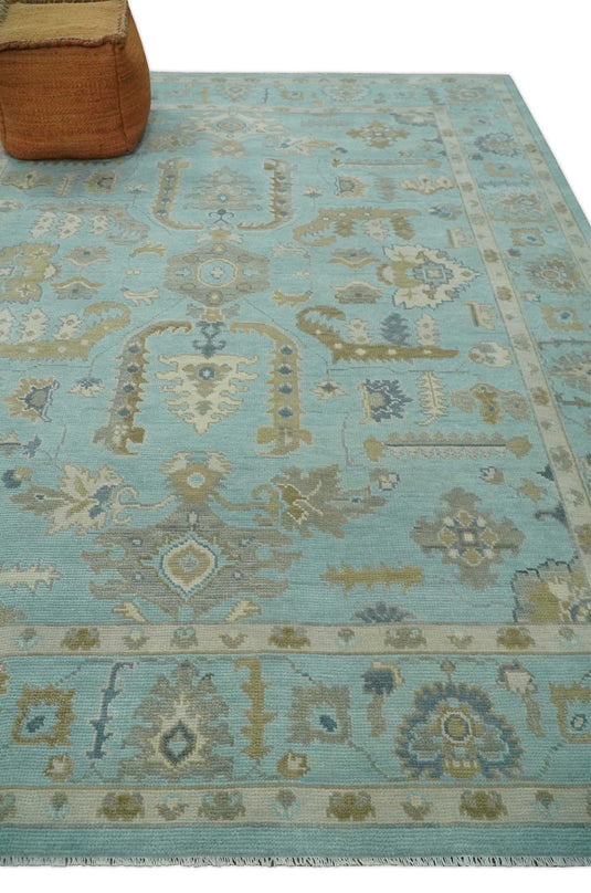 Custom Made Traditional Oushak Light Blue, Brown, Ivory And Gray Hand Knotted Wool Area Rug