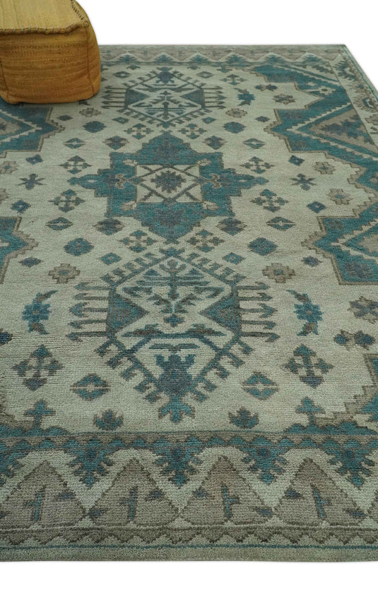 Custom Made Tribal Pattern Beige,Teal and Brown Traditional Hand knotted wool Area Rug