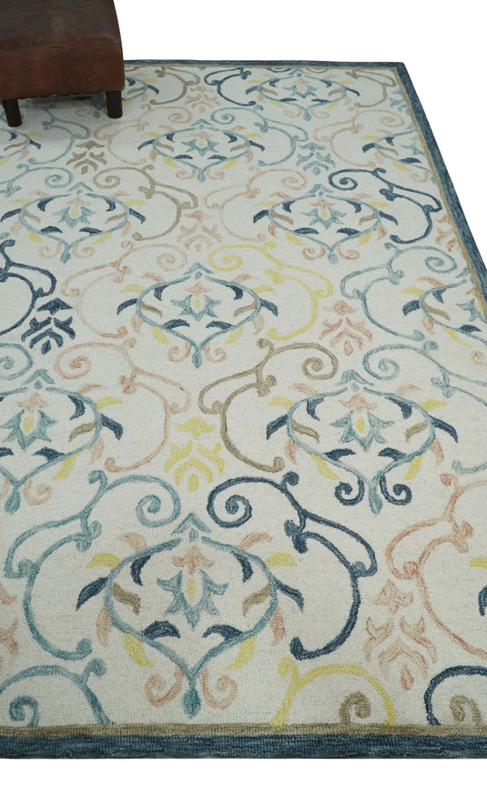 Custom Made Floral Pattern Ivory, Blue, Yellow And Brown Hand Tufted  Wool Area Rug