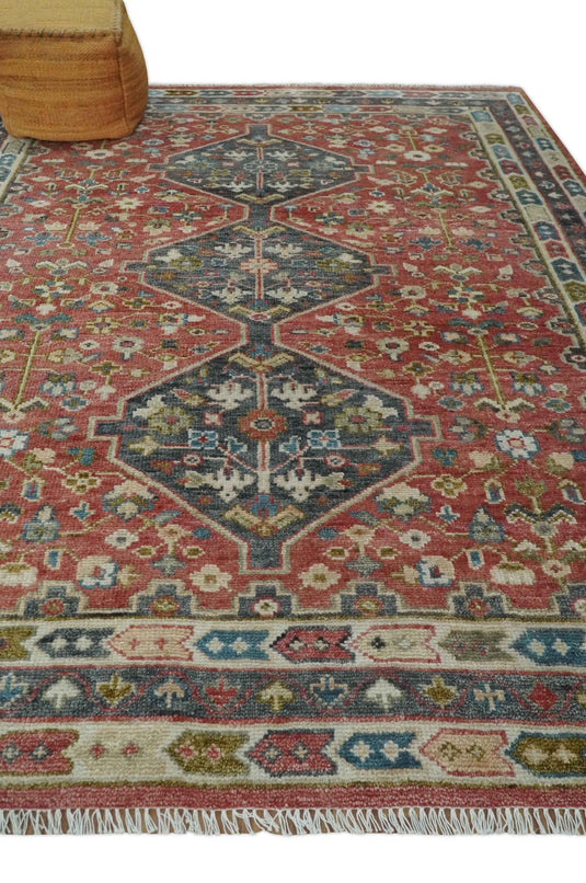 Custom Made Rust, Charcoal, Ivory And Teal Persian Hand Knotted Wool Area Rug