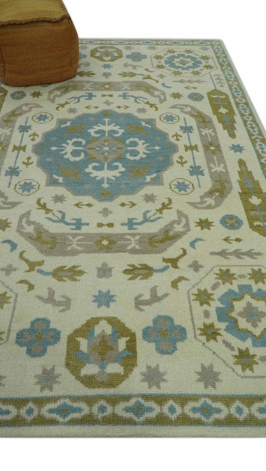 Ivory, Blue, Gray And Olive Traditional Medallion Mamluk Hand Knotted 6x9 ft wool Area Rug