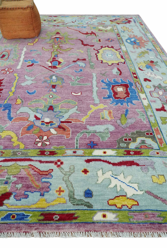 Vibrant Pink and Blue Hand knotted Coloful Oushak Multi Size wool Area Rug