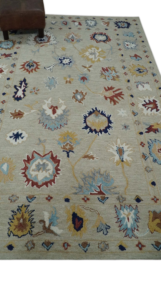 Custom Made Colorful Beige, Blue, Rust And Gray Modern Oushak Hand Tufted Wool Area Rug