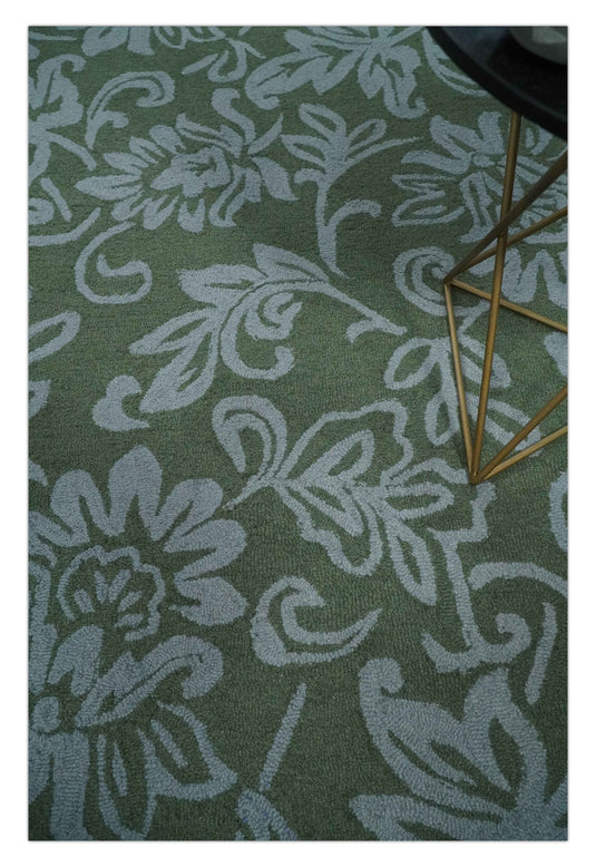 Custom Made Floral Pattern Green And Gray Hand Tufted  Wool Area Rug