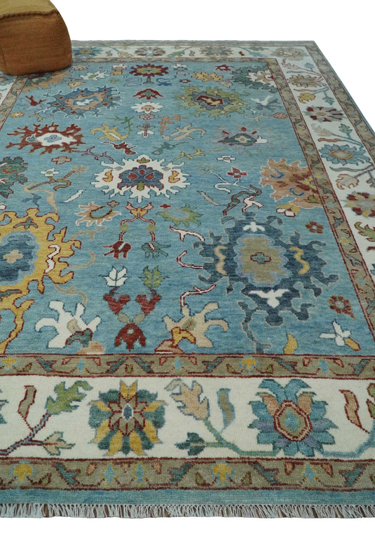 Vibrant Colorful Light Blue and Ivory Traditional Floral Hand knotted Oushak wool Area Rug