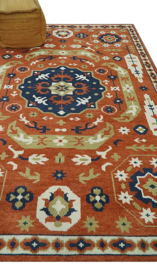 Custom Made Rust, Blue And Ivory Traditional Medallion Mamluk Hand Knotted Wool Area Rug