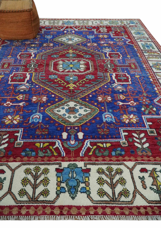 Hand knotted Maroon, Electric Blue and Ivory Multi Size Traditional Heriz Serapi wool area rug | CP1318