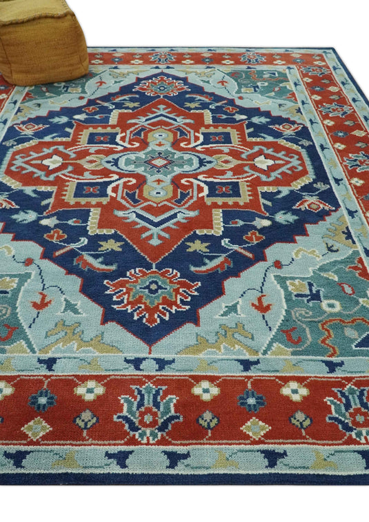 Traditional Medallion Pattern Red, Blue, Teal and Olive Hand Knotted 8x10 ft wool Area Rug