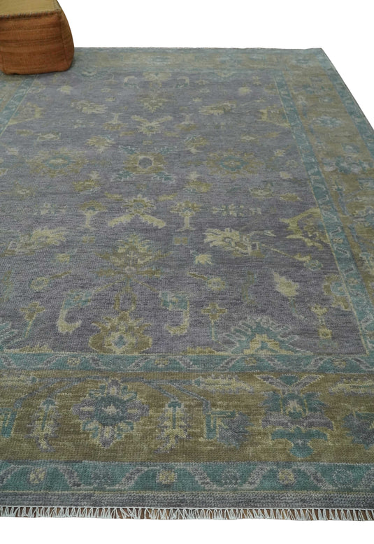 Antique look Hand knotted Charcoal and Olive Traditional Floral Oushak wool Area Rug