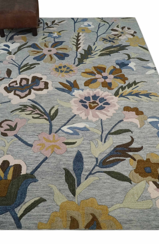 Custom Made Colorful Floral Pattern Gray, Peach, Ivory, Gold And Brown Hand Tufted  Wool Area Rug