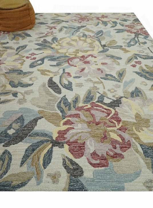 Hand Tufted Floral Ivory, Beige, Gray And Rust Rug 8x10 ft Ideal for Living, Bedroom And Dining Rooms