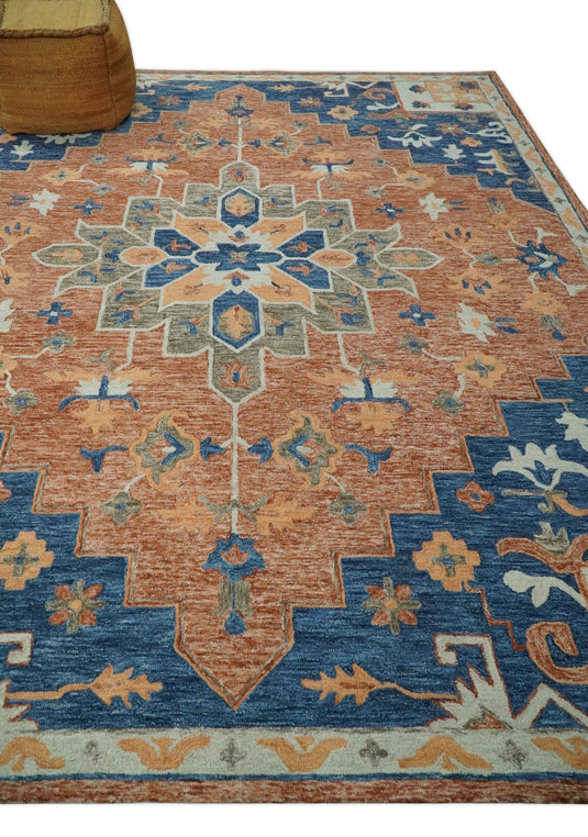 Custom Made Medallion Floral Blue, Silver, Ivory And Dark Peach Hand Tufted Wool Area Rug