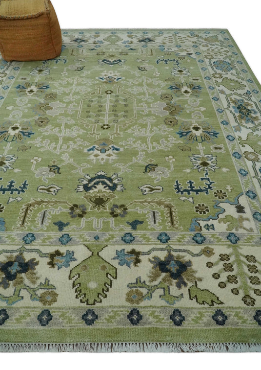 Traditional Turkish Antique Hand knotted Light Green, Ivory and Silver 8x10 and 10x14 ft Bedroom, Living Room Rug ,wool Area Rug