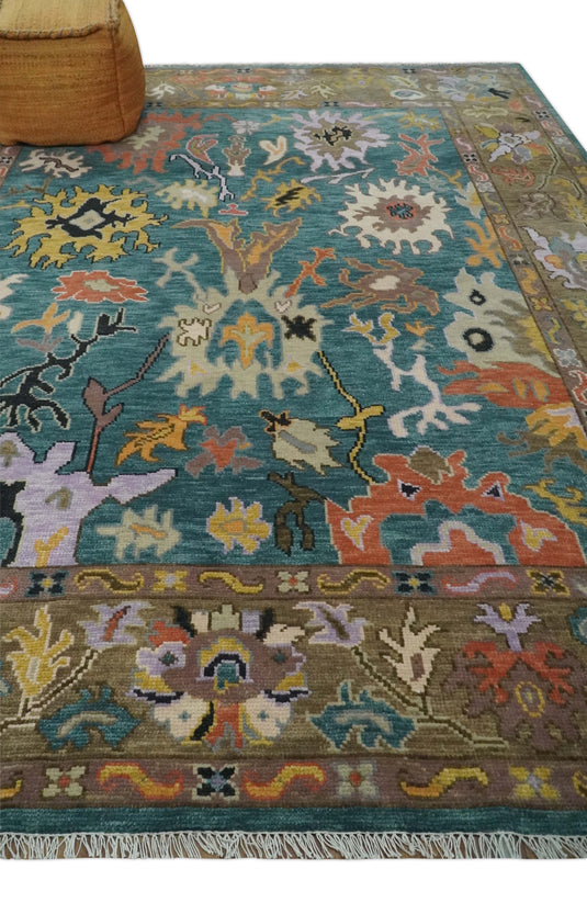 Hand Knotted Oriental Colorful Oushak Rug Blue and Brown Multi Size Ideal for Living, Bedroom, and Dining Room