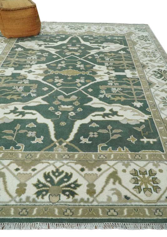 Hand Knotted Oriental Oushak Rug Green, Ivory and Olive Multi Size Ideal for Living, Bedroom, and Dining Room