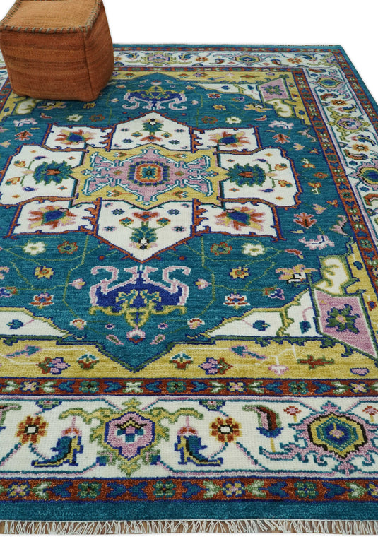 Hand Knotted Medallion Heriz Serapi Rug Teal and Gold Multi Size Ideal for Living, Bedroom, and Dining Rooms | CP699