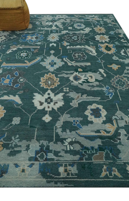 Custom Made Traditional Oushak Pattern Dark Teal, Blue And Beige Hand Knotted Wool Area Rug