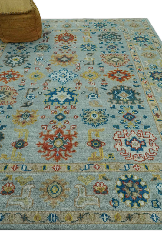 Vibrant Colorful Silver, Rust, Blue And Gold Oushak Hand Knotted 8x10 ft wool Area Rug