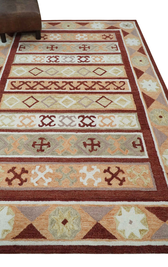 Custom Made Geometrical Maroon, Ivory, Beige And Light peach Hand Tufted  Wool Area Rug