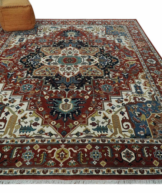 Brown and Ivory Hand knotted Premium look 8x10 and 9x12 Traditional Heriz wool Area Rug