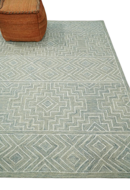 Custom Made Geometrical Beige And Ivory Hand Tufted Wool Area Rug