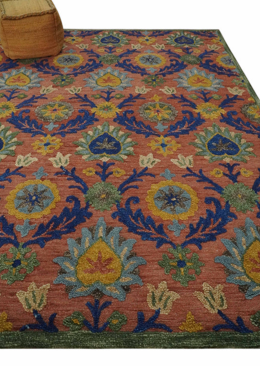 Custom Made Colorful Peach, Blue, Green And Gold Traditional Floral Hand Tufted Wool Area Rug