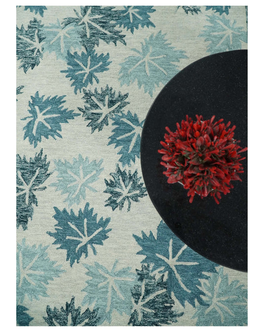 Custom Made Leaves Pattern Teal And Ivory Hand Tufted Wool Area Rug