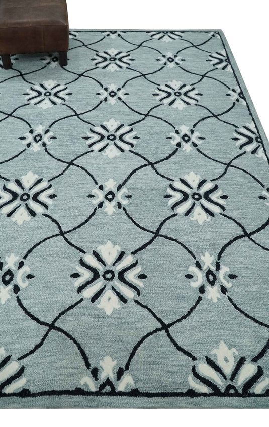 Custom Made Traditional Pattern Gray, Ivory And Black Hand Tufted  Wool Area Rug