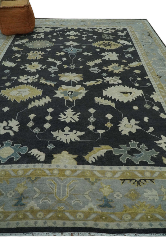 Custom Made Hand Knotted Oriental Oushak Black, Beige, Ivory And Gray Wool Area Rug