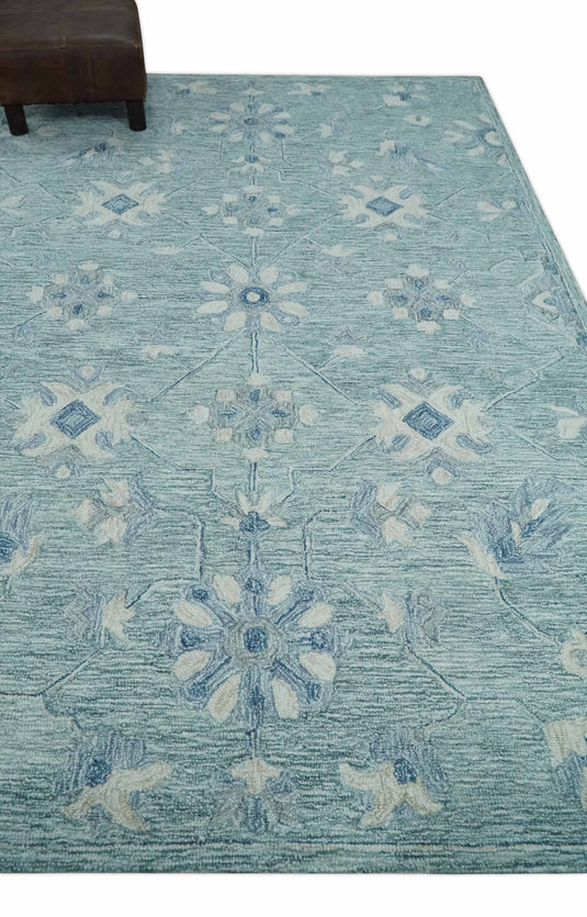 Custom Made Floral Pattern Blue, Ivory And Aqua Hand Tufted Wool Area Rug