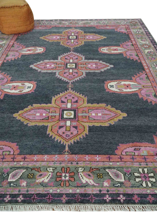 Hand Knotted Heriz Serapi Rug Charcoal, grey and Pink Multi Size Ideal for Living, Bedroom, and Dining Rooms | CP1911