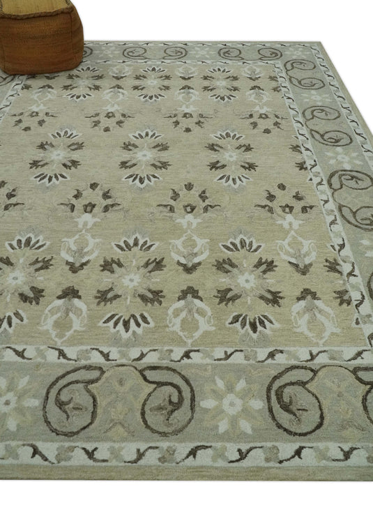 Custom Made Ivory, Beige And Charcoal Traditional Ikat Hand Tufted Wool Area Rug