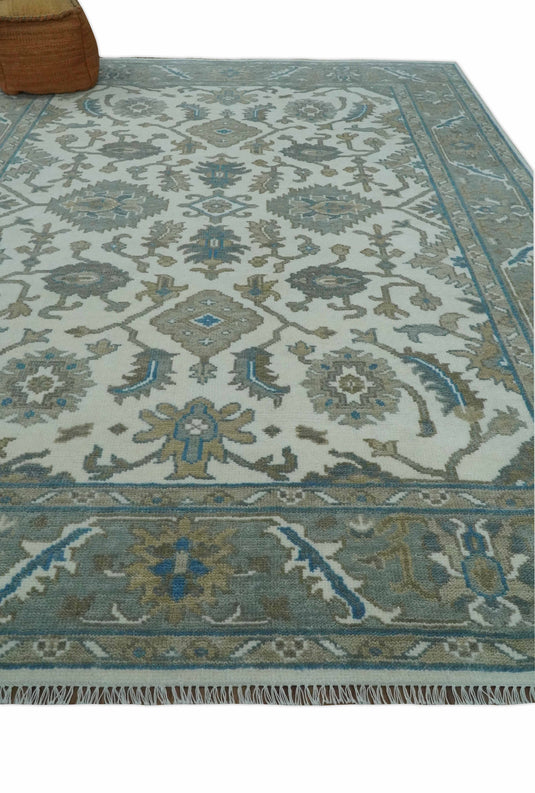 Hand Knotted Oriental Oushak Rug Ivory, Grey and Teal Multi Size Ideal for Living, Bedroom, and Dining Rooms | CP1702