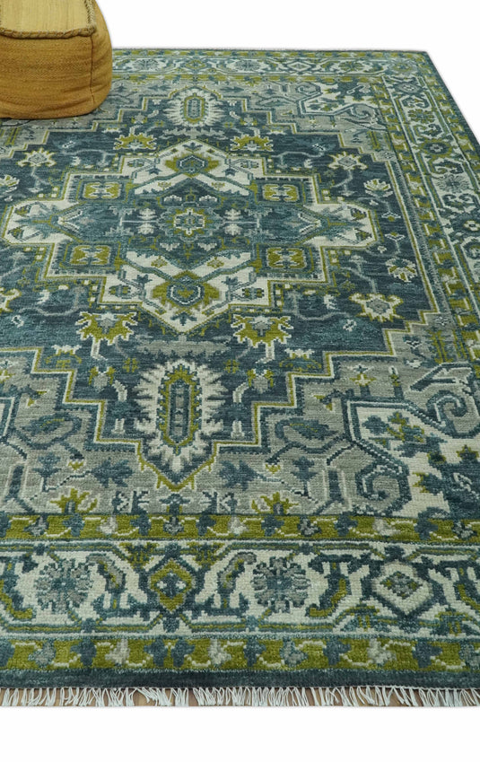 Antique Style Traditional Heriz Green and Gray Hand Knotted Wool Rug 8x10 ft Ideal for Living, Bedroom And Dining Rooms
