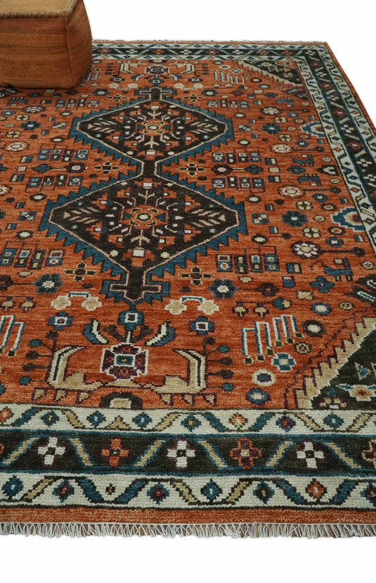 Rust Brown and Blue Hand Knotted 5X7, 5x8, and 8x10 Vintage Antique Persian Wool Area Rug, Bedroom, Living Room and Bedroom - CP810S